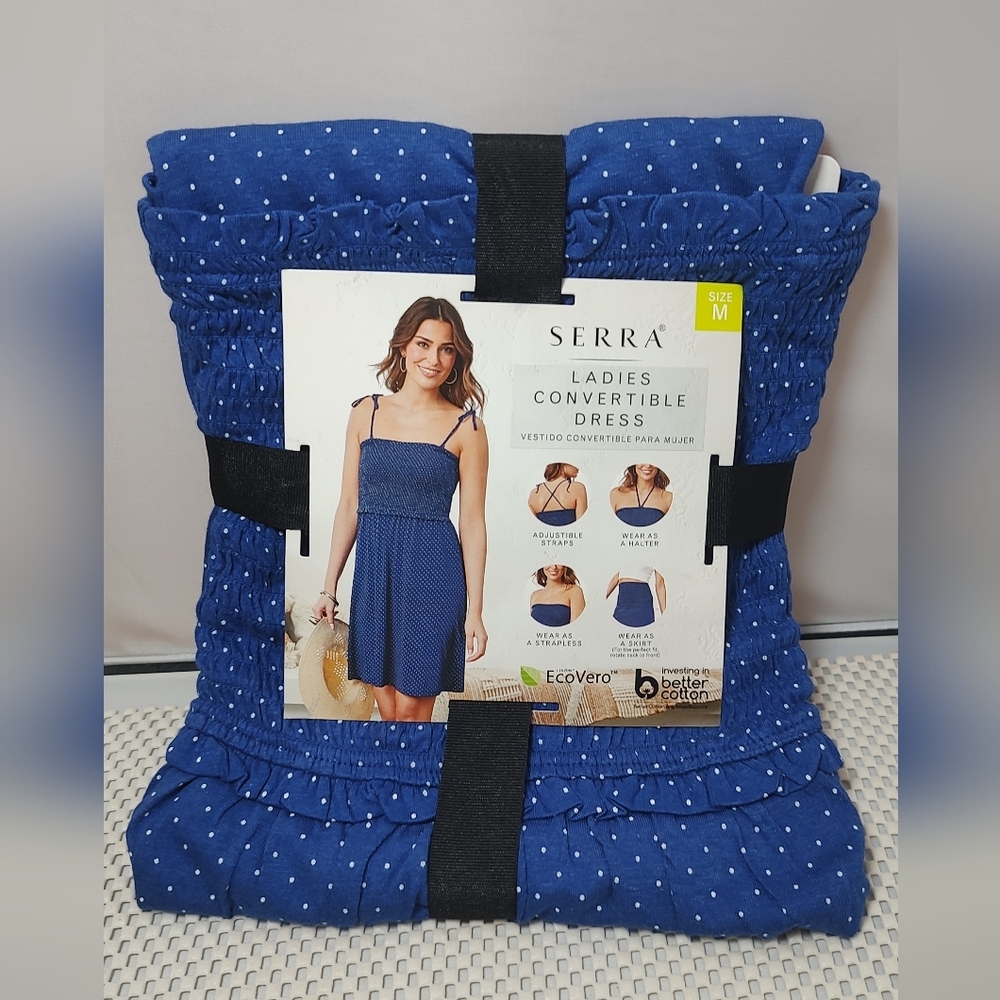 Serra Women's Size M (8-10) Convertible Dress Blue w/White Dots NWT Aldi